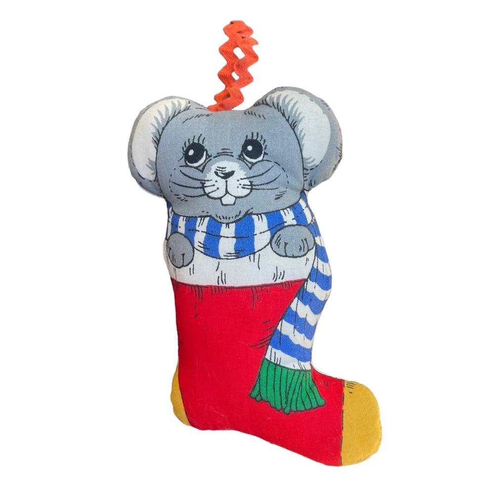Vintage 60s Handmade Stuffed Mouse in Stocking Wearing Scarf Holiday Ornament